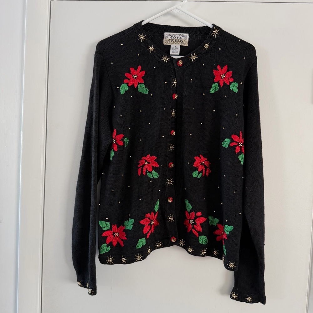 Cove Creek Black Embroidered Poinsettia Cardigan | Holiday Beaded Knit | M